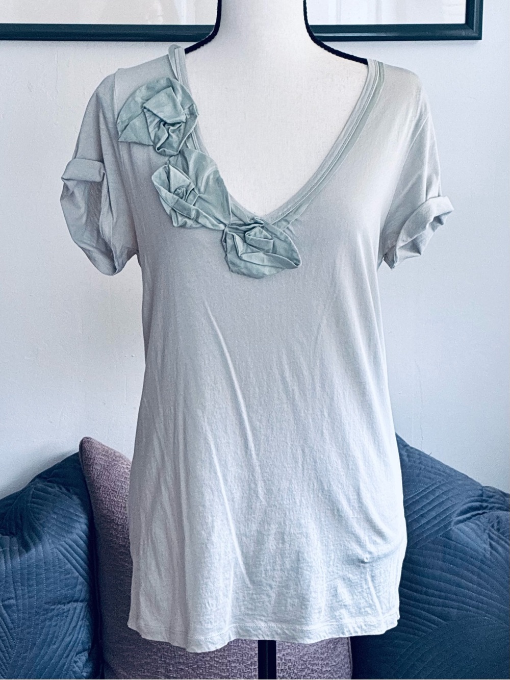 NWOT J Crew Lightweight ‘tissue’ cotton tee with rosettes. Antique blue size M